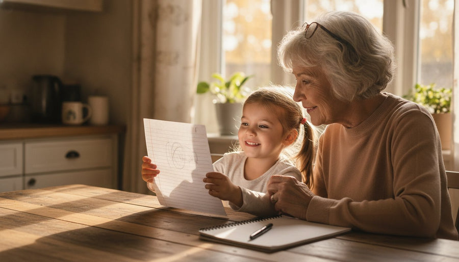 A grandmother smiling at the page her granddaughter is holding up at a sunlit kitchen table.