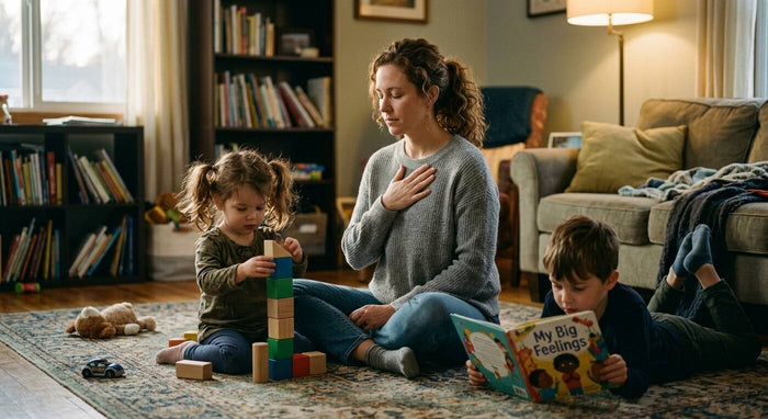 A parent sitting on the floor with their child at the end of the day.
