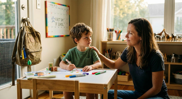 A mother sits beside her son at a low table at home, a first day of school marked on the wall calendar behind them.