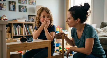 A parent talking gently with a young child at eye level.