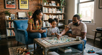 A parent and child playing a board game together at a table.