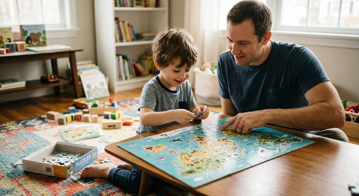 A child concentrating on a wooden puzzle.