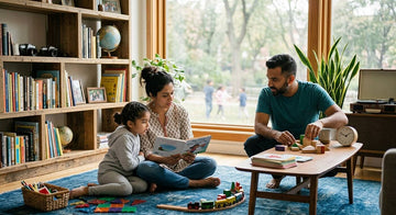 A child working at a table at home with a parent nearby.