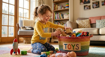 A child putting wooden toys back into a basket.
