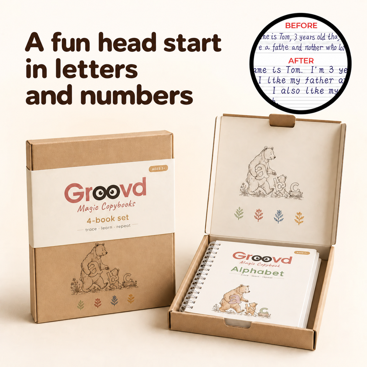 The Groovd Magic Copybooks four-book set, open, with a handwriting before and after