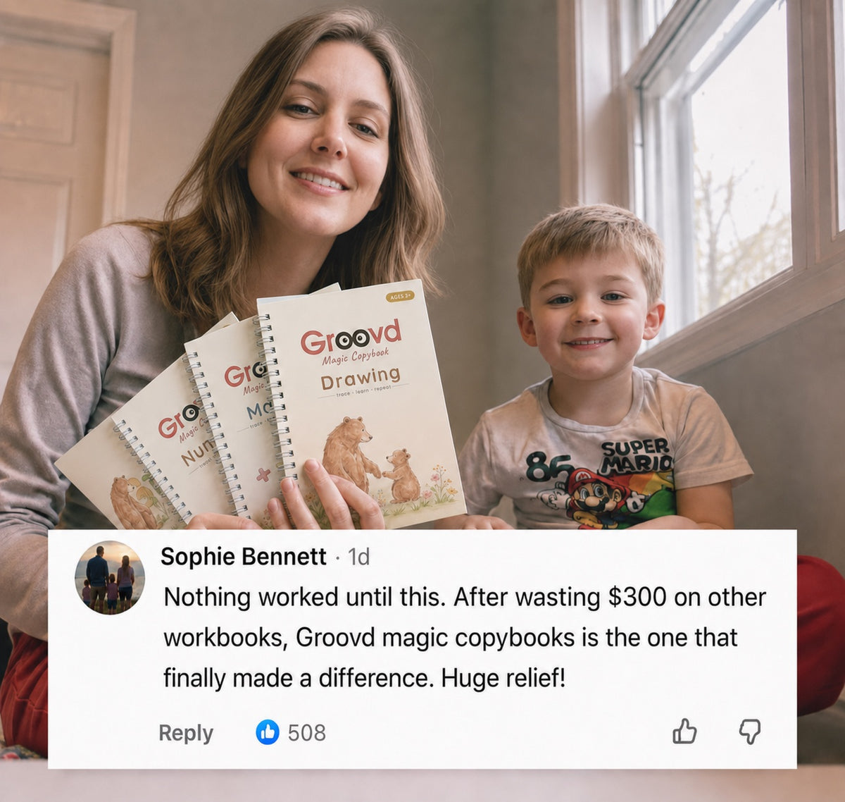 A mother and son with the copybooks, review card