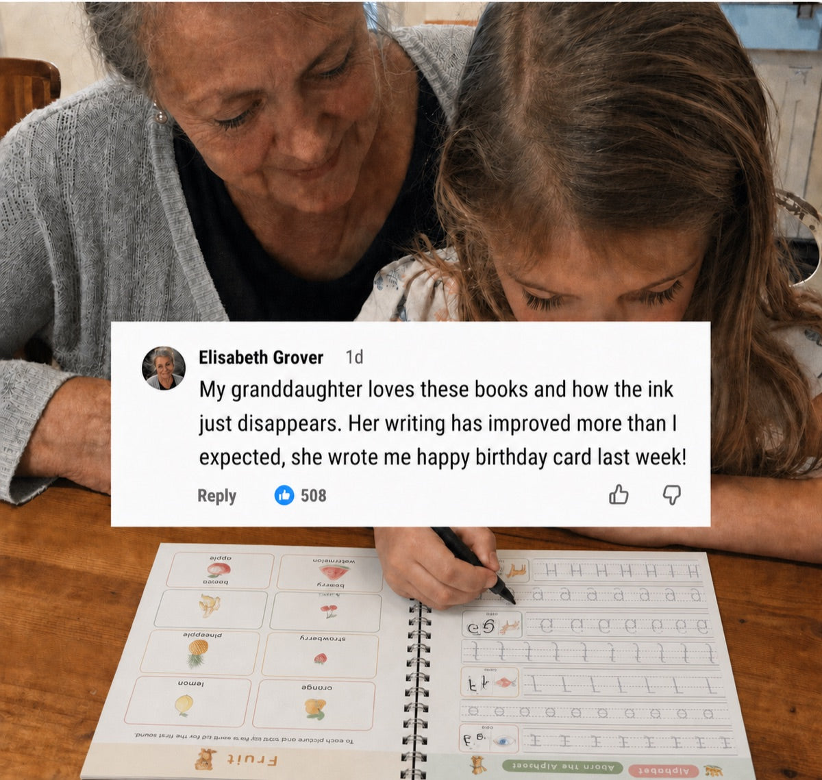 A grandmother with the copybooks, review card