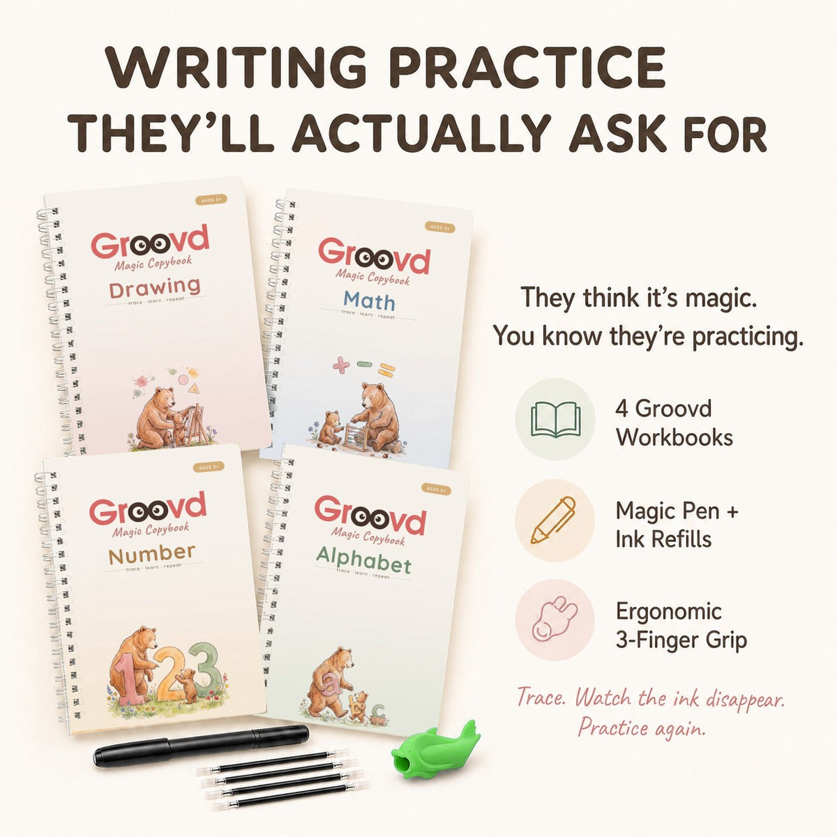 Writing practice they'll actually ask for: the Drawing, Math, Number and Alphabet copybooks, a magic pen, ink refills and a green 3-finger grip, with the steps trace, watch the ink disappear, practice again.