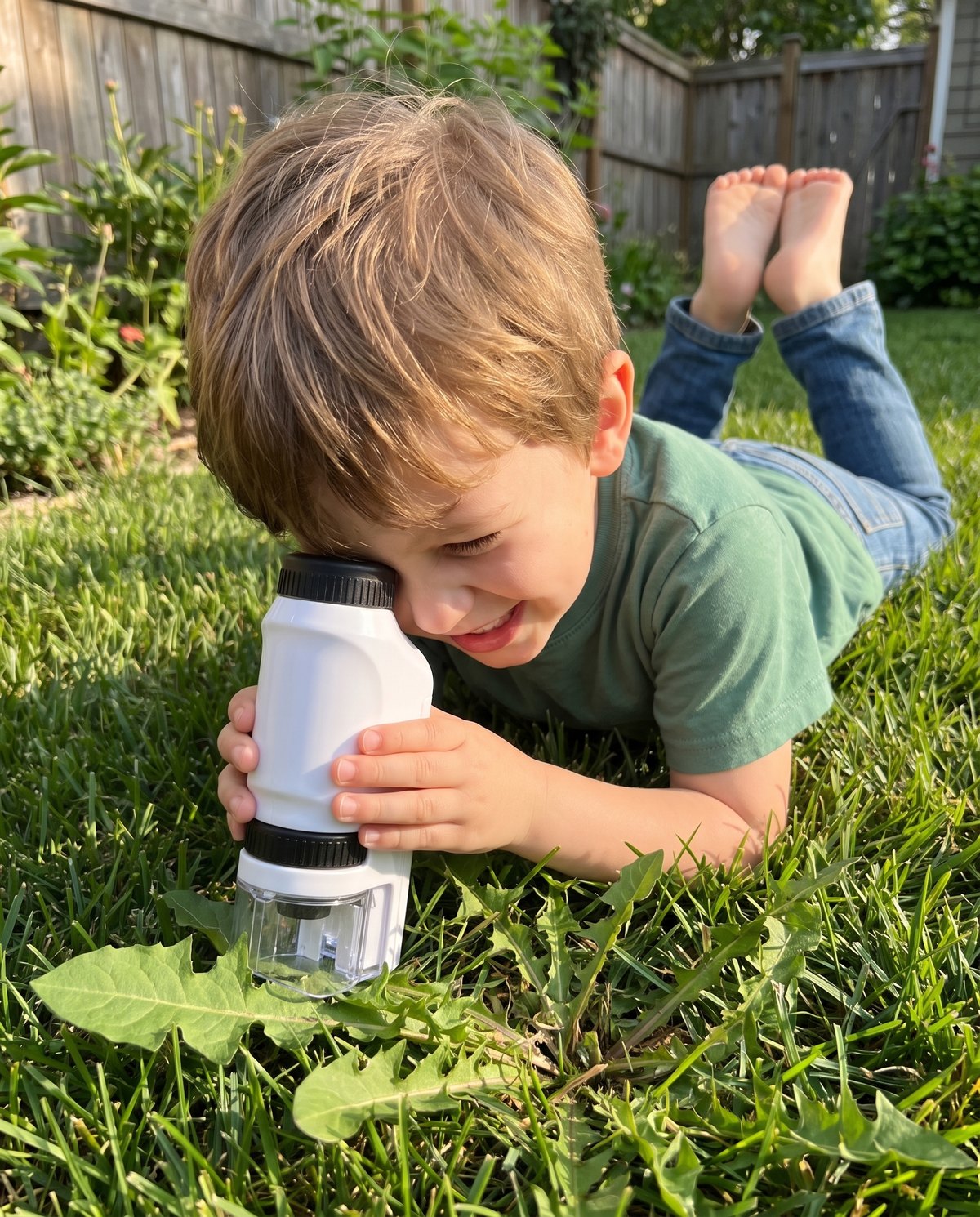 A smiling child lies on the lawn and looks through the microscope, its clear base resting on a leaf