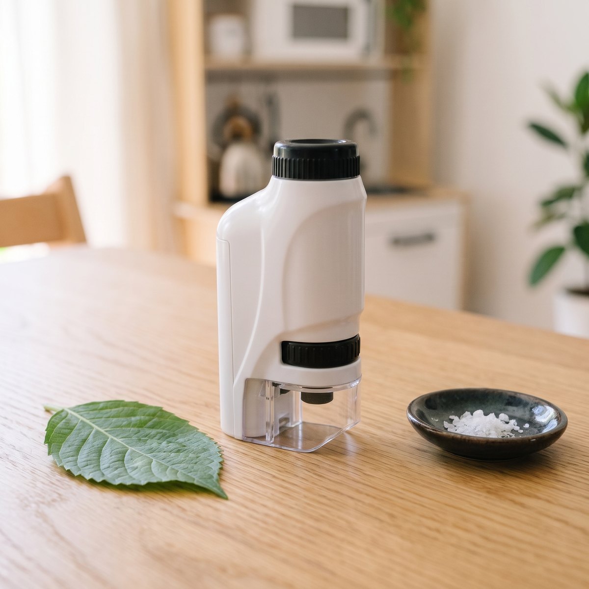 The white microscope standing on a kitchen table between a green leaf and a small dish of salt