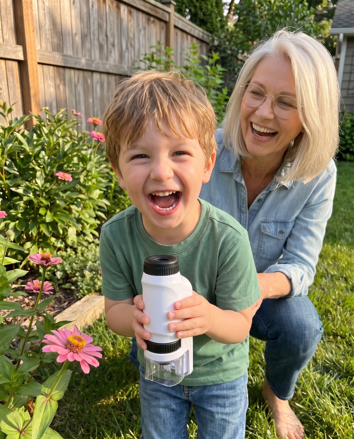 Groovd Miniscope: a laughing child holds up the white pocket microscope in a garden, with a smiling grandparent behind