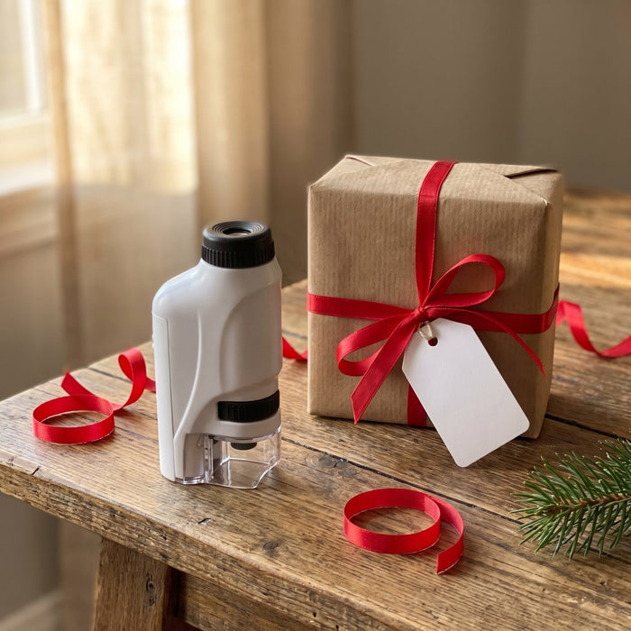 The microscope on a wooden table next to a present wrapped in brown paper with a red ribbon and a blank gift tag