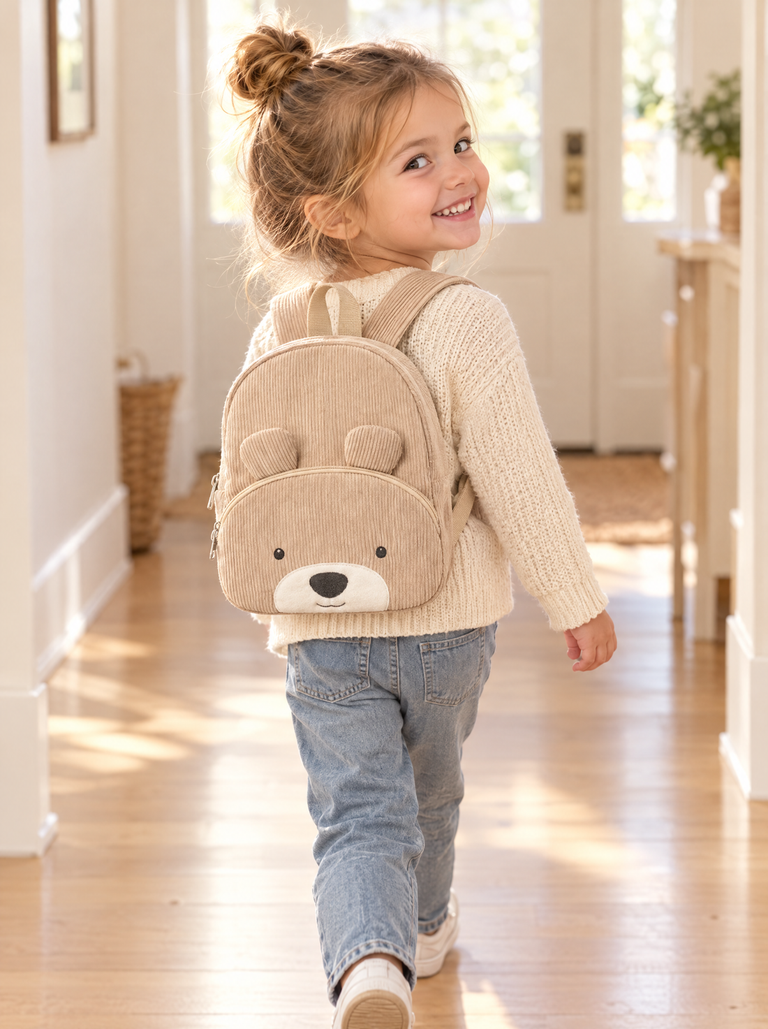 Smiling little girl wearing the Groovd Bear Backpack at home