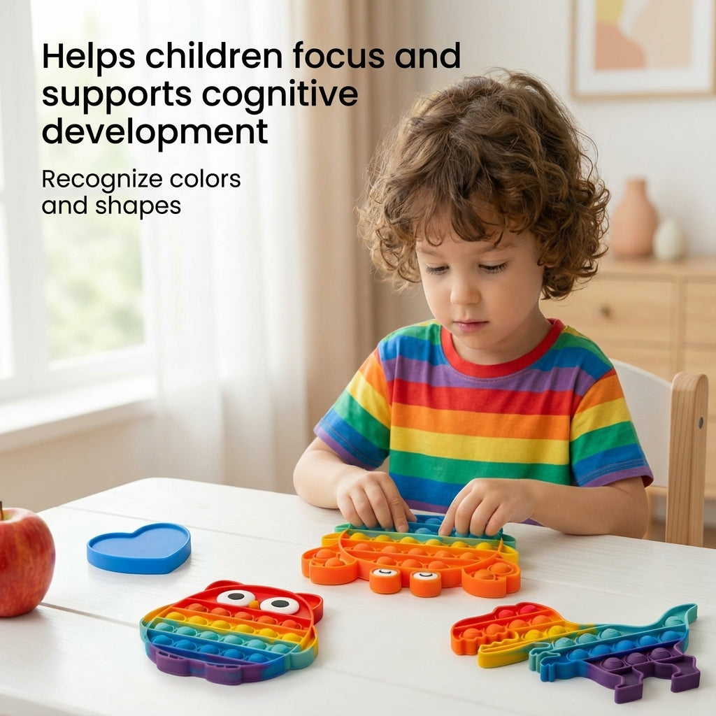 Rainbow Pop-it Fidget Toys for Kids – Press-to-Play Silicone Sensory Toy Set, Dinosaur, Owl & Crab Shapes