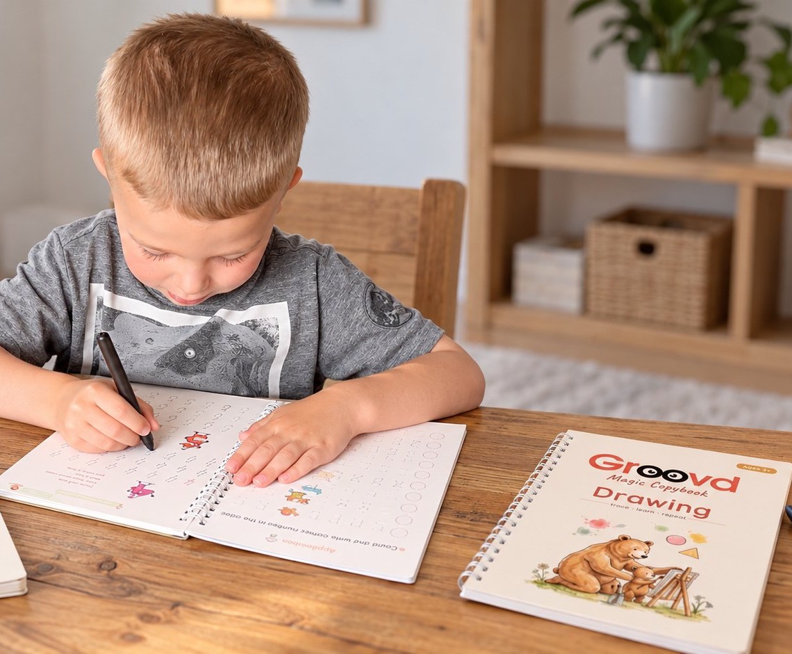 A boy writing in a Groovd Magic Copybook at the kitchen table