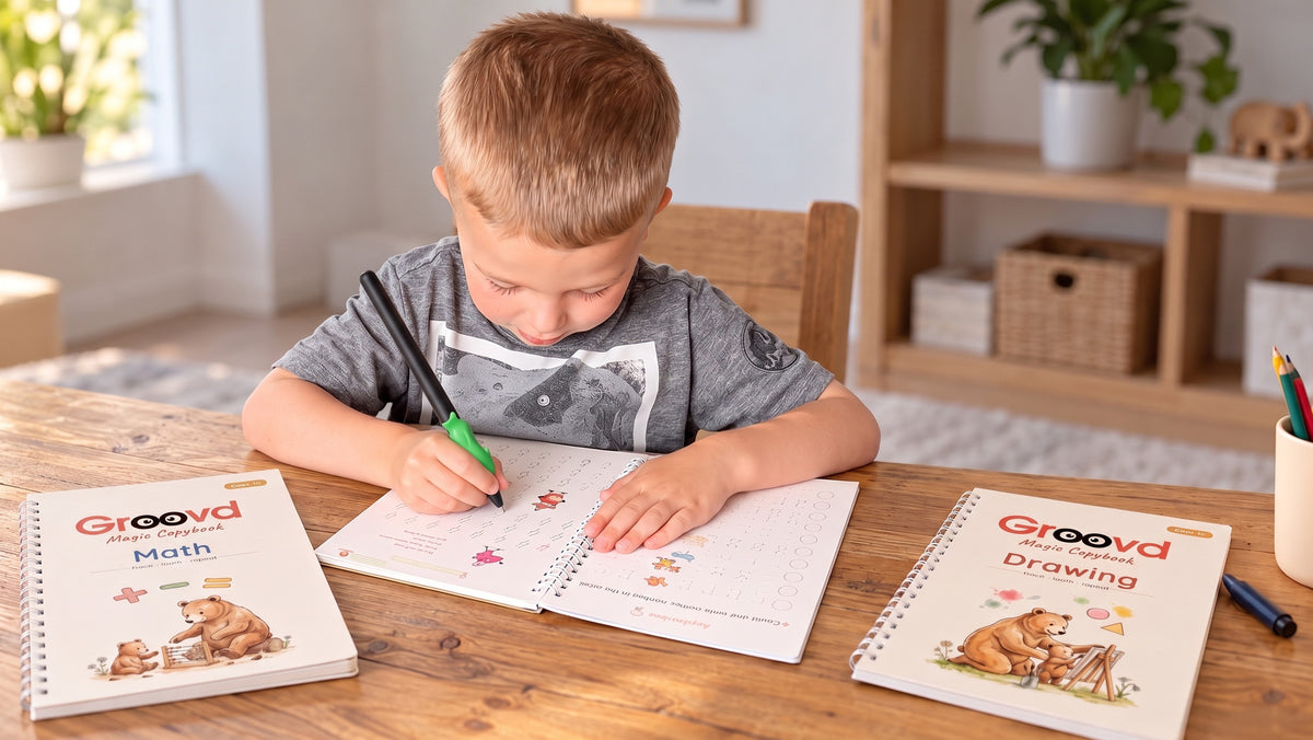 A boy tracing letters in a Math copybook