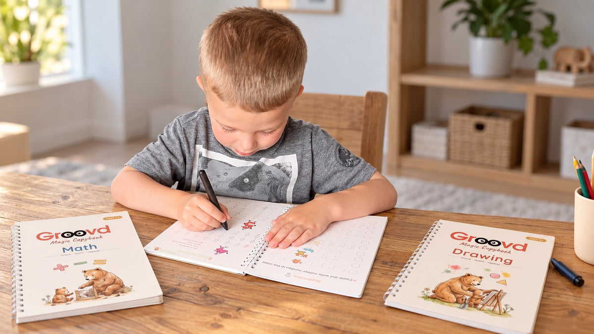 A boy tracing letters in a Math copybook