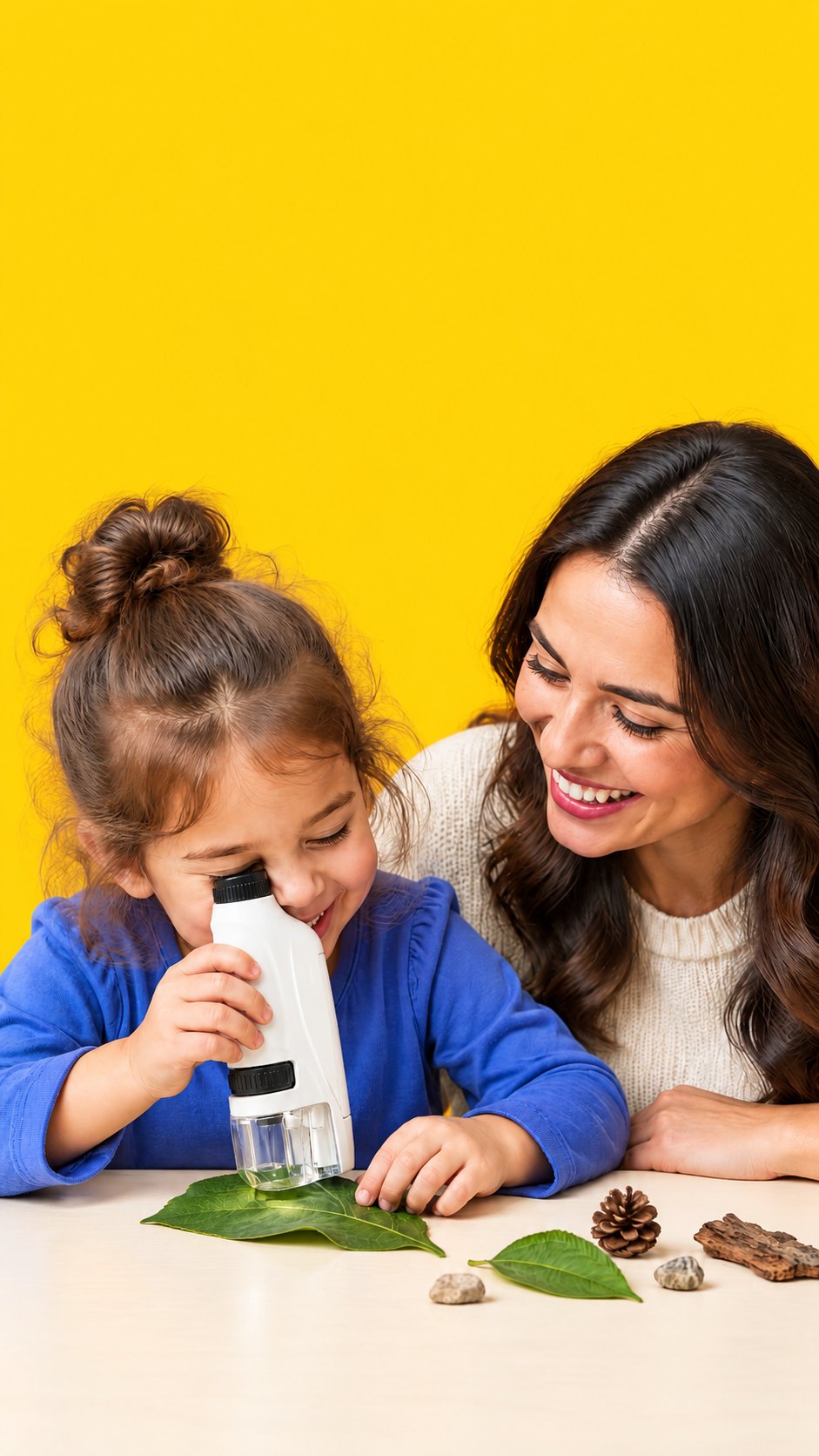 A girl looks into a Miniscope at a leaf while her mother smiles