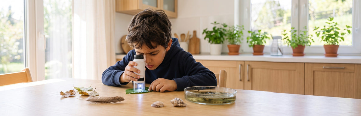 A boy looks through a Miniscope at a leaf on the kitchen table