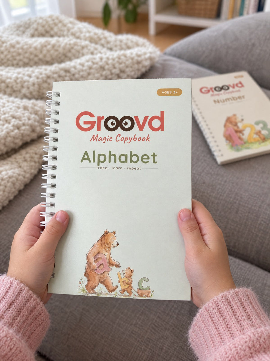 A child holds up the Groovd Alphabet copybook