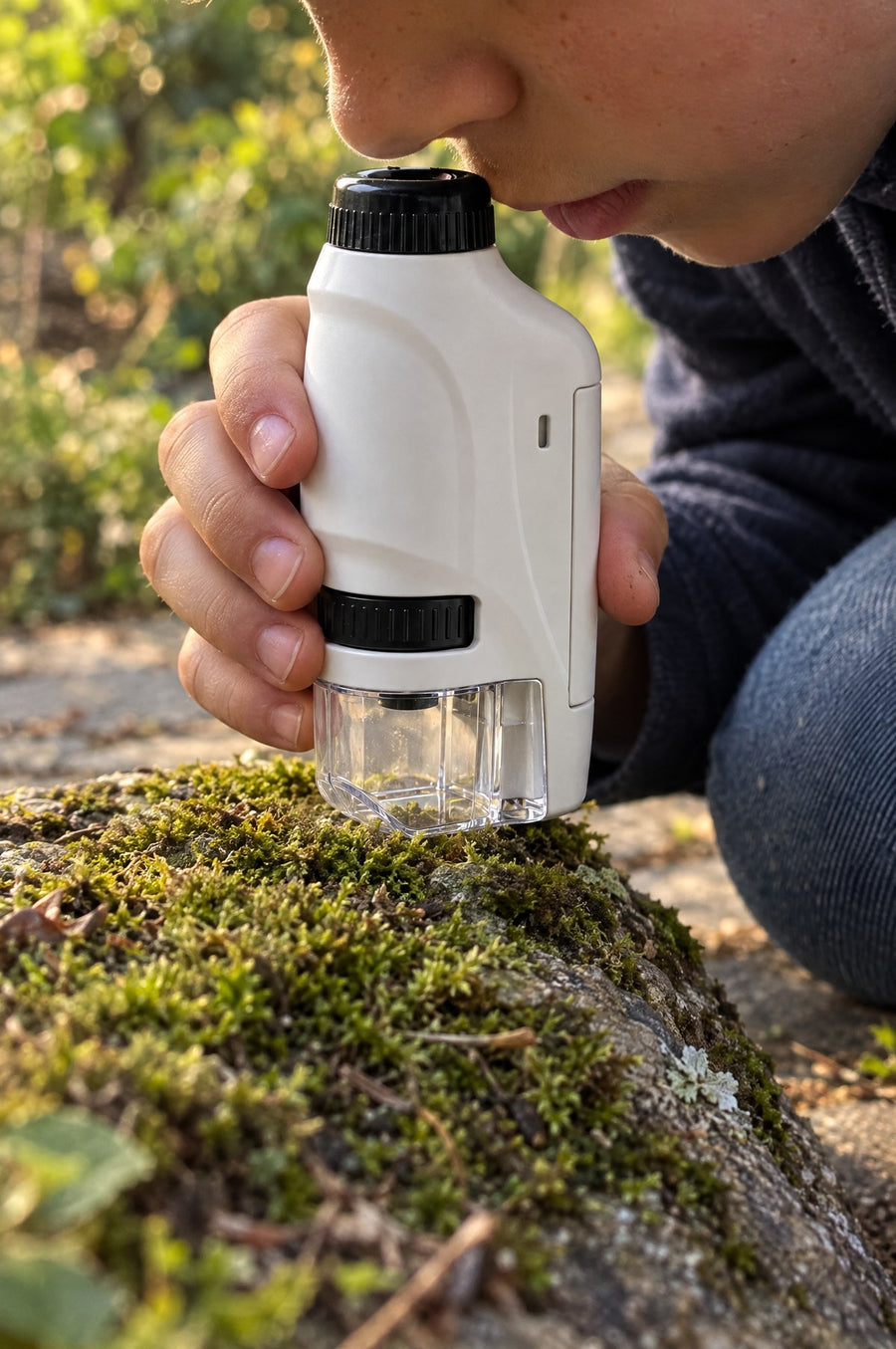 A child looks through the Miniscope at moss on a stone