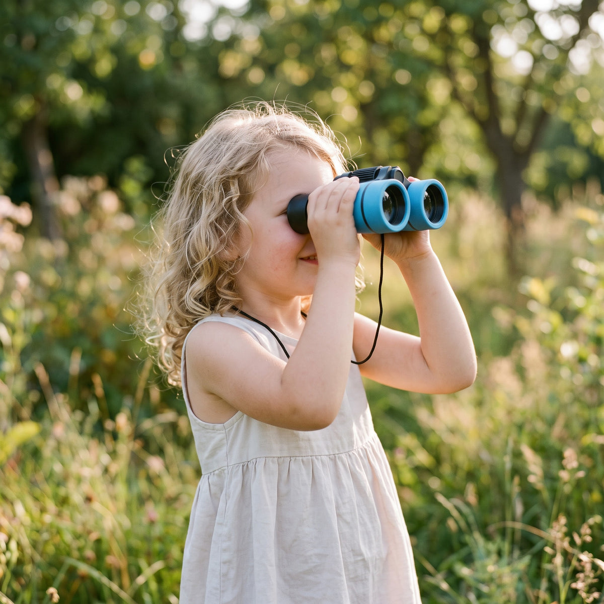 A child playing with the Little Explorer Binoculars