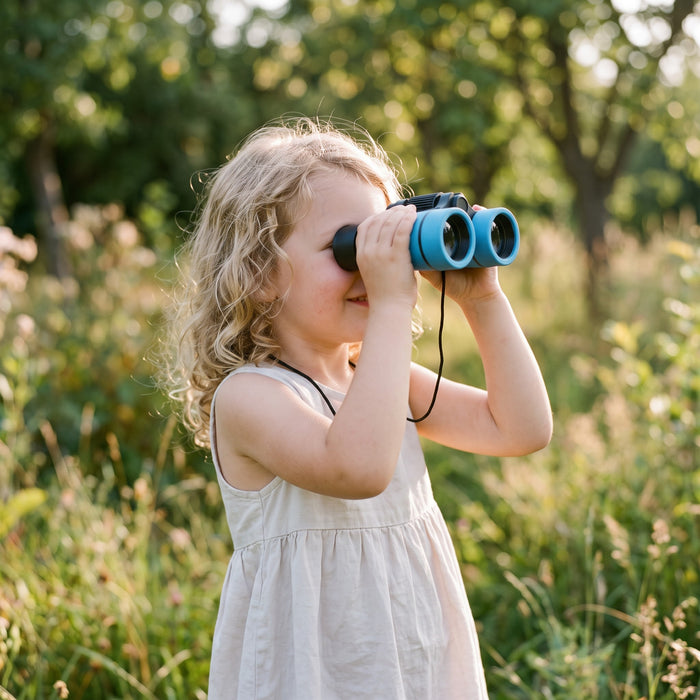 A child playing with the Little Explorer Binoculars