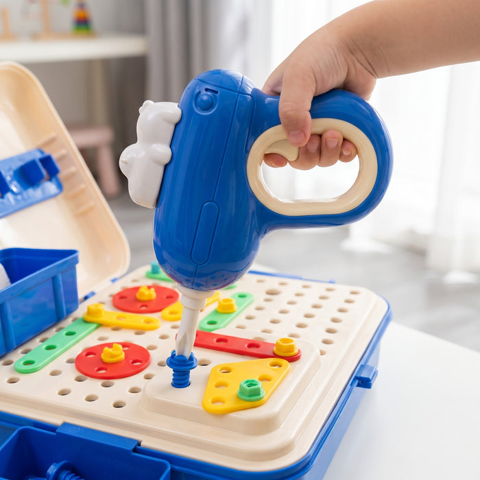BuildBox tool bench: a child's hands drilling