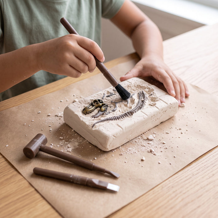 A child's hands brush plaster off a half-dug T. rex skull and spine in the dig block, with the mallet and chisel nearby