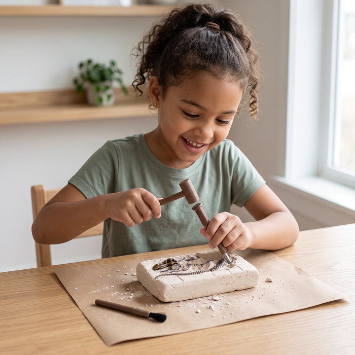 A smiling child taps a chisel with the mallet to dig a skeleton out of the plaster block at a table, with the brush beside it