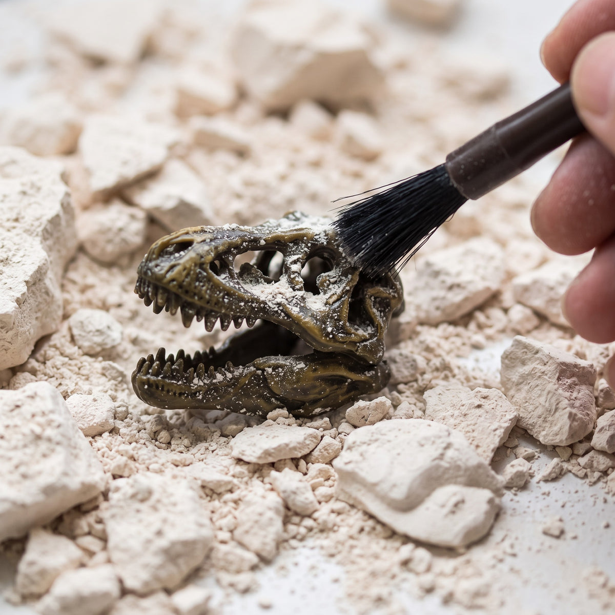 Close-up of a hand brushing plaster dust off a small T. rex skull among broken chunks of the dig block