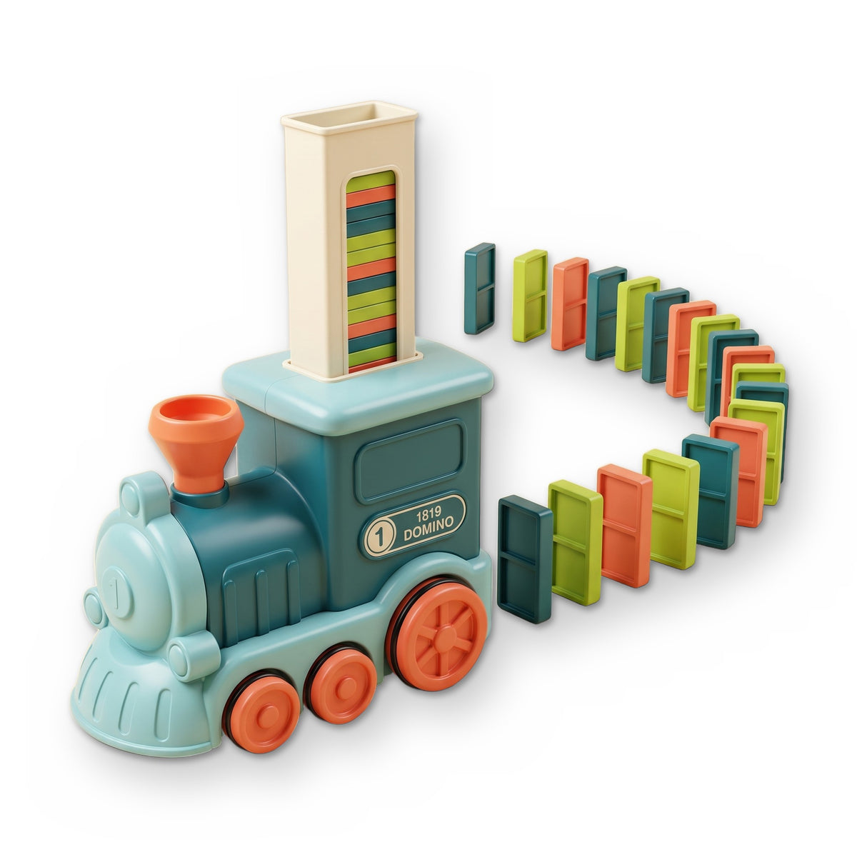 Groovd DominoFun Train Set: a blue toy train with a domino tower on top and a curving row of standing dominoes behind it
