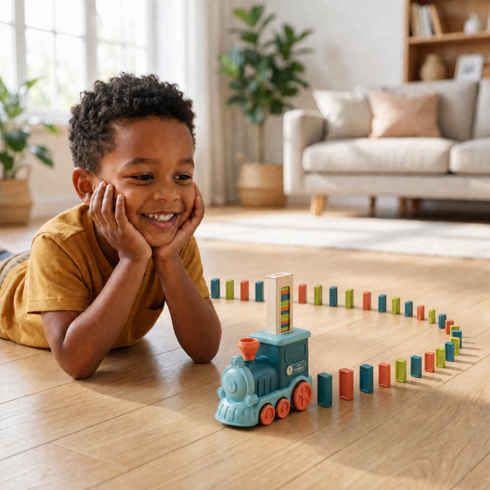 A smiling child lies on the floor, chin in hands, watching the train next to a long, curving row of standing dominoes