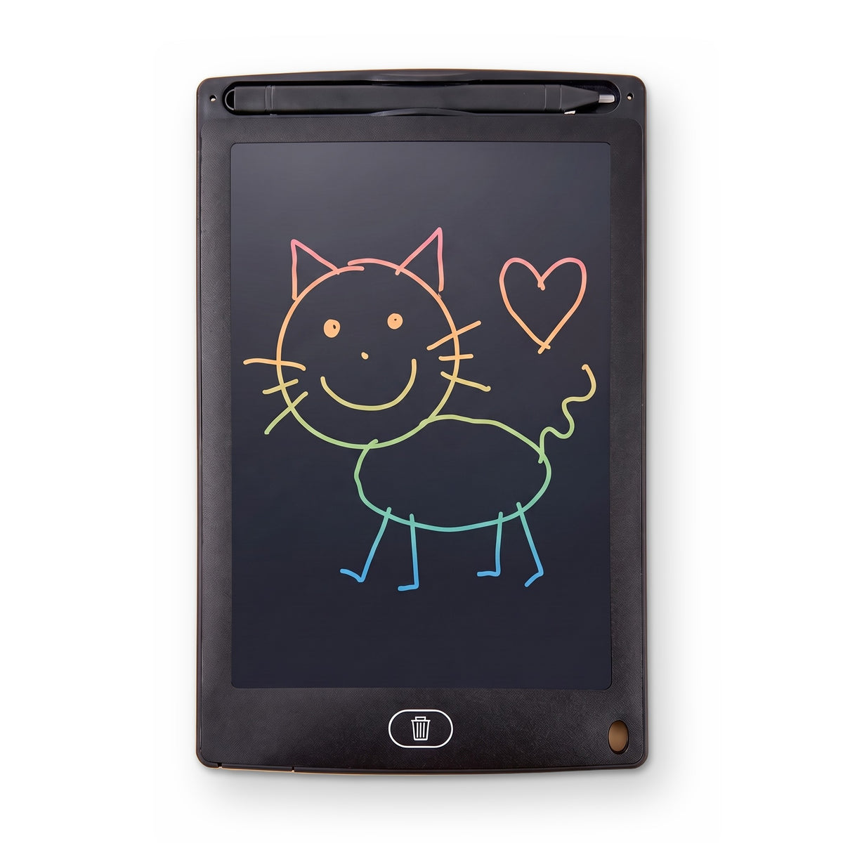 Doodle EyeSafe Tablet: a black drawing tablet showing a rainbow cat and heart, with its pen at the top and an erase button
