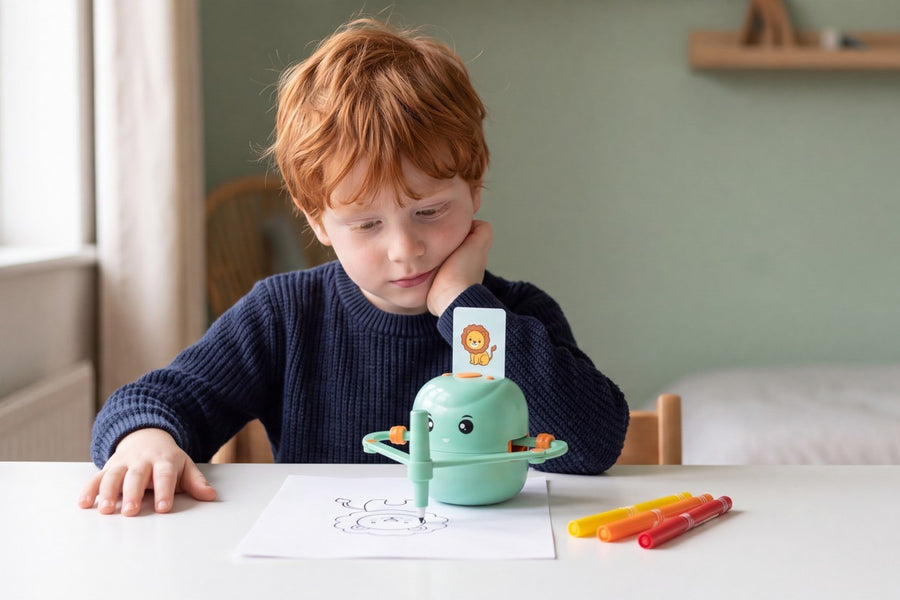 A child playing with the Drawing Bot