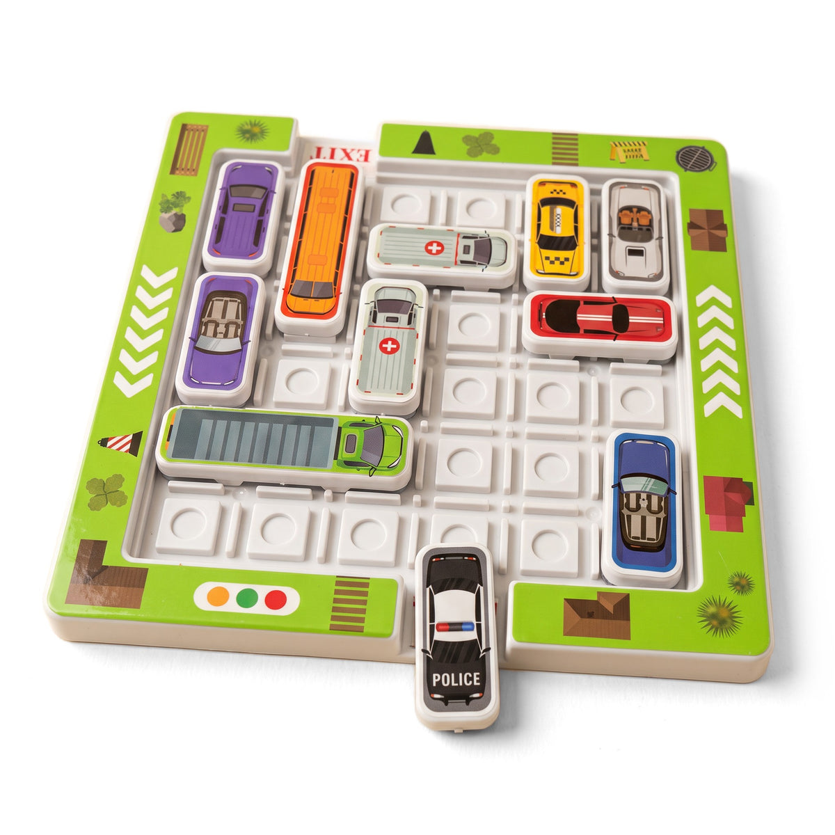 LogiCar Puzzle Board: a grid packed with toy car, bus and truck tiles, with a police car sliding out through the exit gap