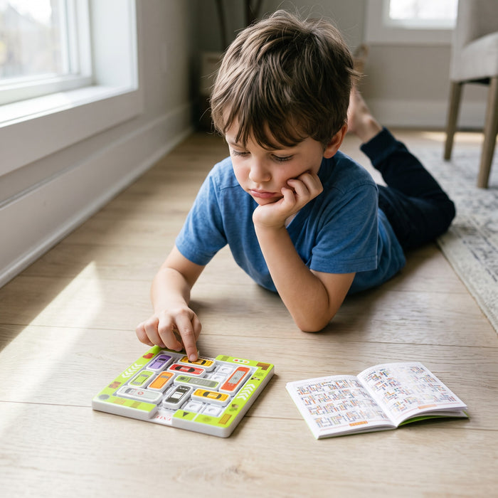 A child lies on the floor, chin in hand, moving a car on the board, next to an open booklet of puzzle layouts