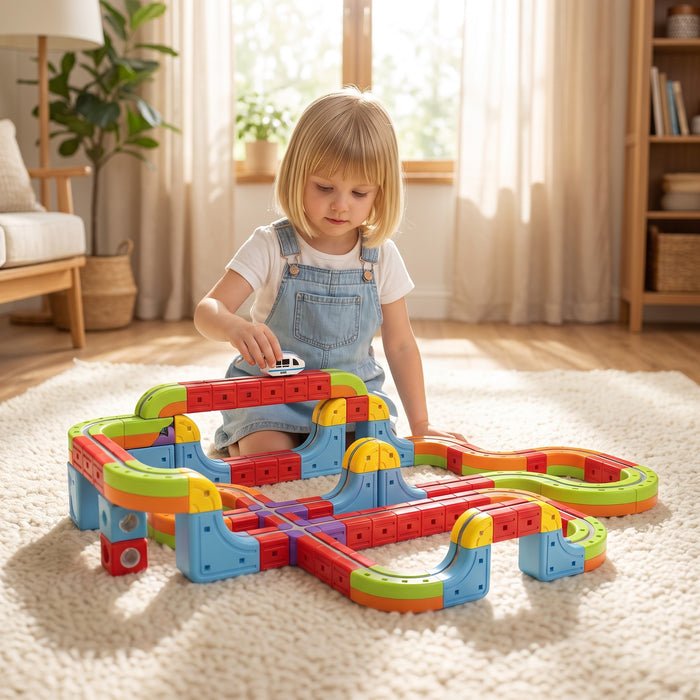 A child playing with the MagTrack train track