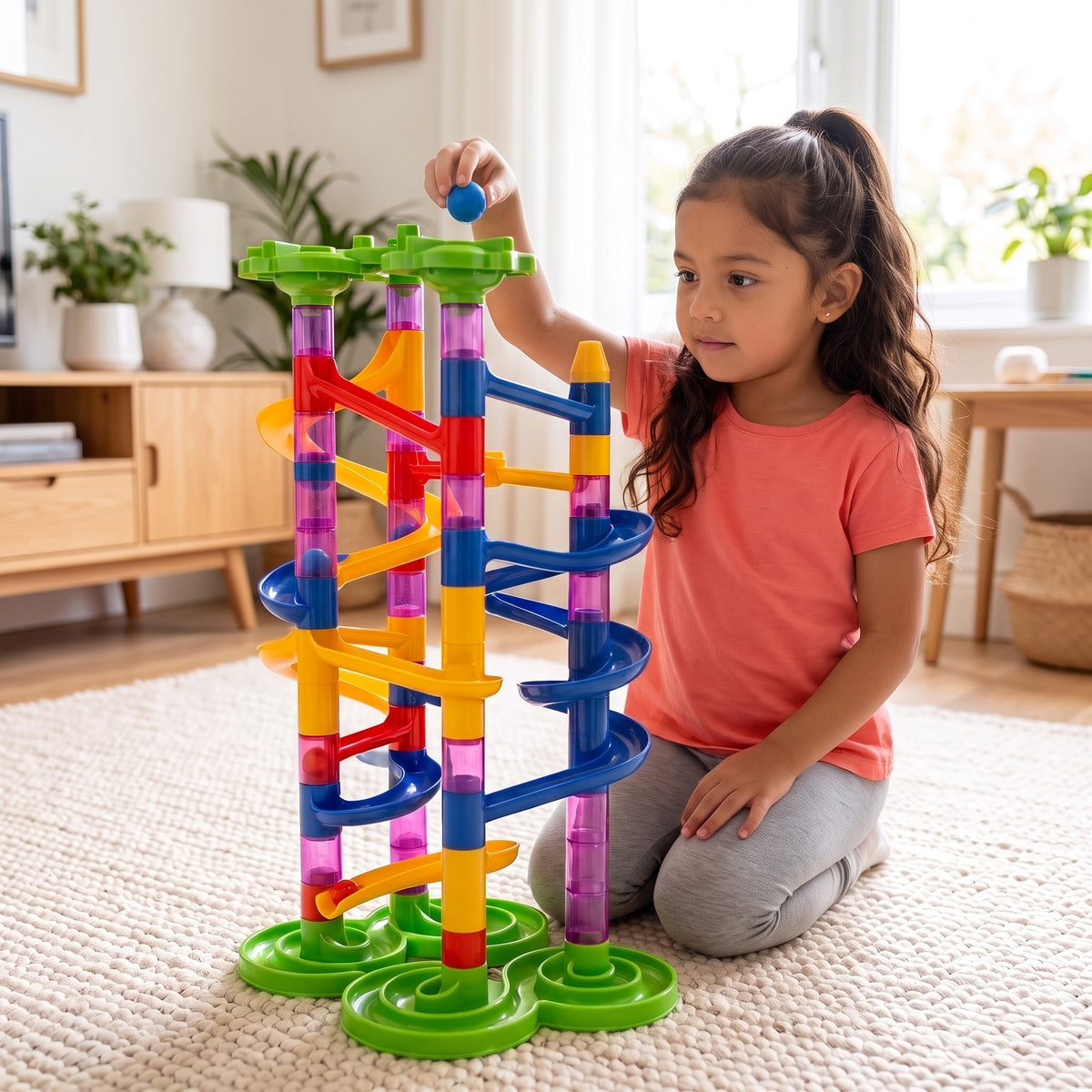 A child kneels on a rug and drops a blue ball into a marble run almost as tall as they are, with blue spiral tracks