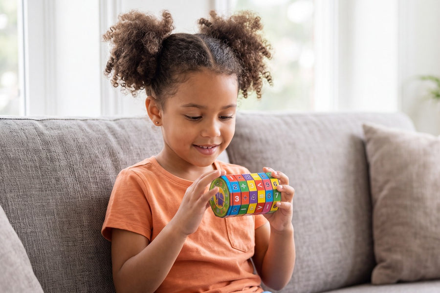 A child playing with the Children's Mathematics Cube
