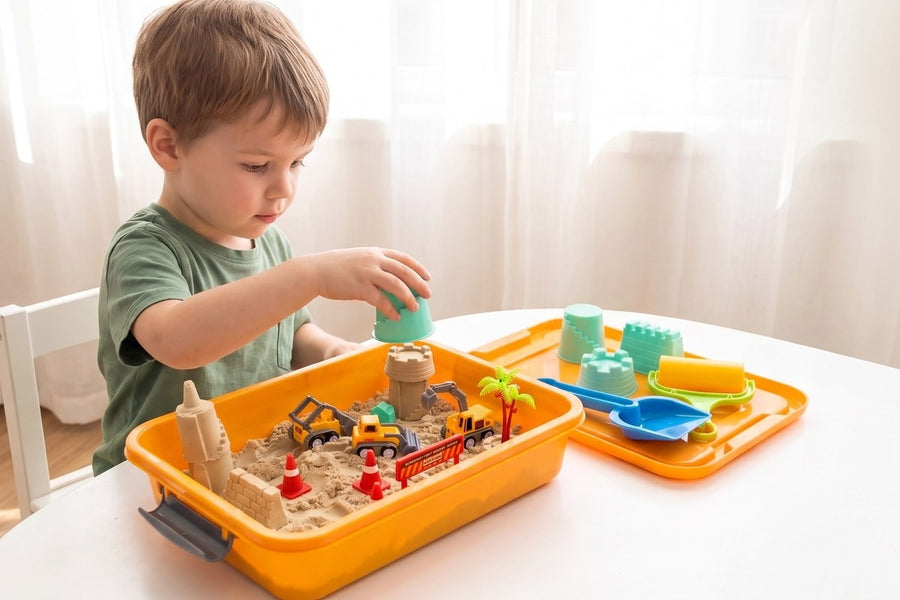 A child playing with the Sandlab sand bin