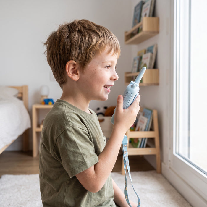 A child playing with the SnapTalk Duo walkie-talkies
