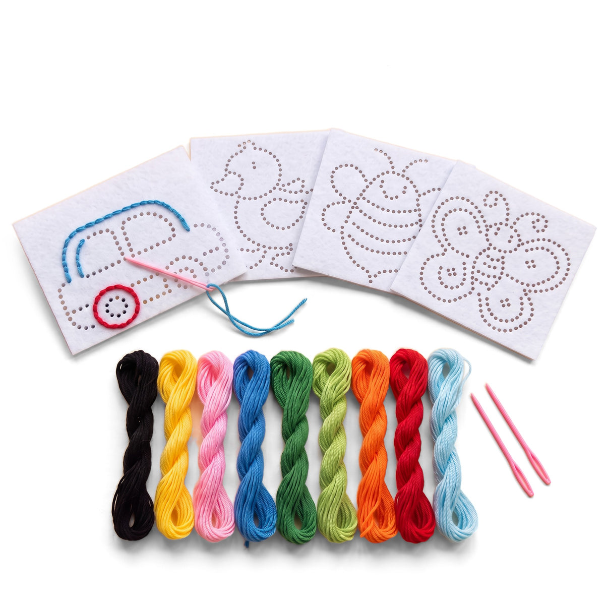 StitchSprout Kids Craft Kit: felt cards with hole outlines of a car, duck, bee and butterfly, plus colored thread and needles