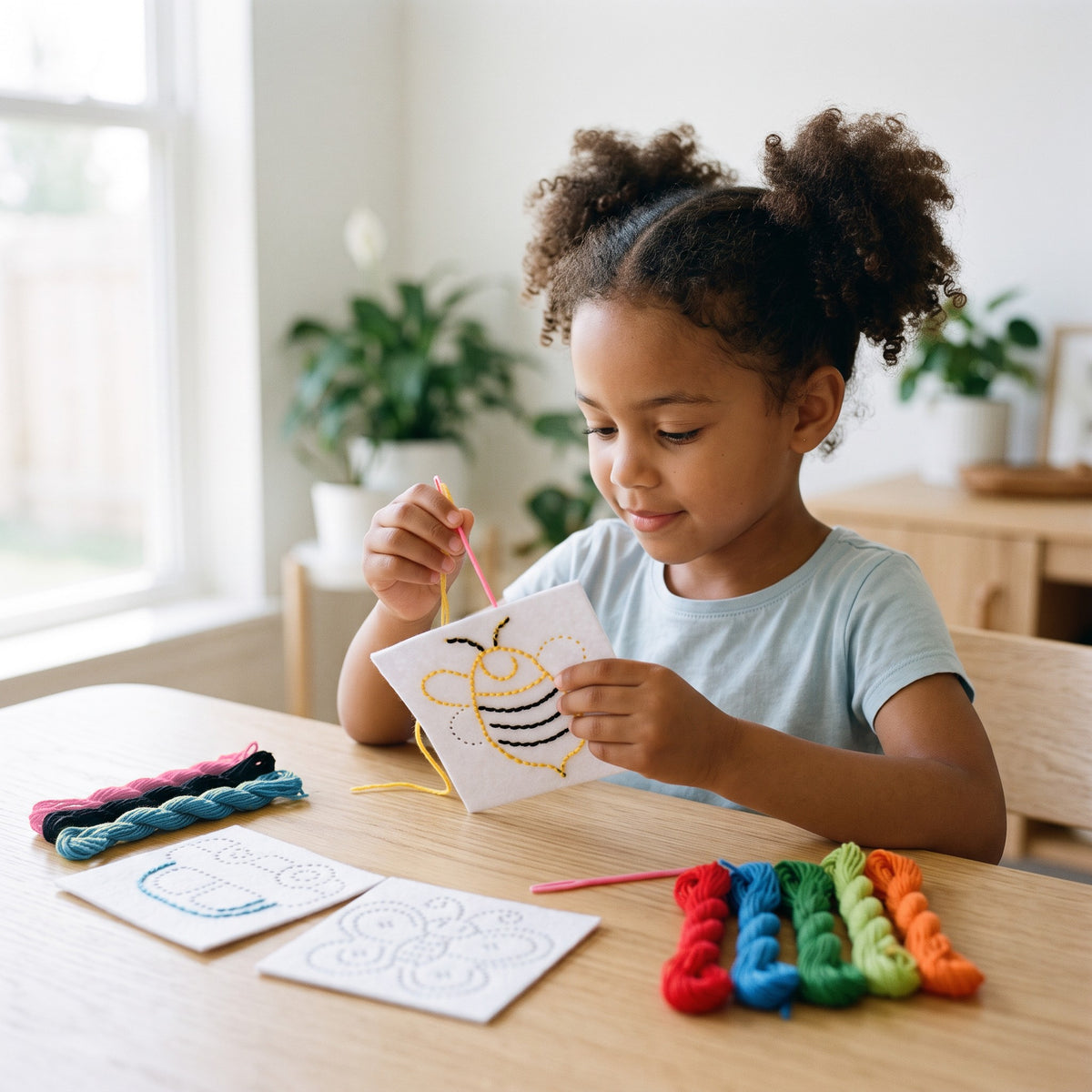A child at a table stitches yellow and black thread into the bee card, with the car and butterfly cards and thread nearby