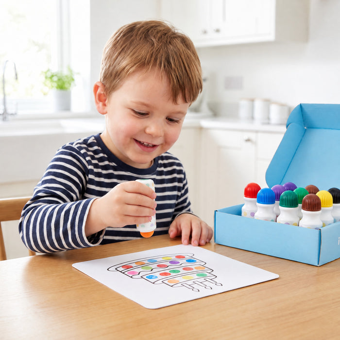 A child playing with the TinyDots dot markers