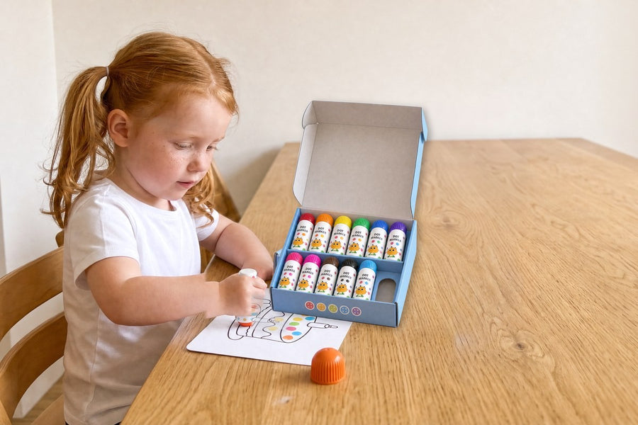 A child playing with the TinyDots dot markers